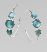 From the Wonderland Collection. Slender silver hoops set with three colorful doublets, in the gentle shade of well-worn denim, joining a layer of color-backed mother-of-pearl under faceted clear quartz for a rich effect of softness and depth.Mother-of-pearl and clear quartzSterling silverDiameter, about 1½Post backImported