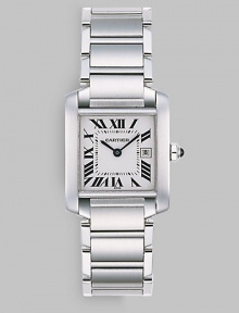 Stainless steel crown set with synthetic cabachon-shaped spinal has silver grained dial and stainless steel bracelet. Blue steel hands Case, 30.4mm X 25mm, 1.19 X 0.98 Case depth, 7mm, 0.28 Roman numerals, date Cartier caliber 057 quartz movement Water-resistant to 100 feet Band width, 18½mm, 0.73 Made in Switzerland Stainless steel crown set with synthetic cabachon-shaped spinal has silver grained dial and stainless steel bracelet. Blue steel hands Case, 30.4mm X 25mm, 1.19 X 0.98 Case depth, 7mm, 0.28 Roman numerals, date Cartier caliber 057 quartz movement Water-resistant to 100 feet Band width, 18½mm, 0.73 Made in Switzerland