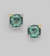 From the Linen Collection. A small cushion-cut green quartz stone shimmers in a sterling silver and 18K gold setting.Green quartz 18K gold Sterling silver Width, about ¼ Post backs Imported 