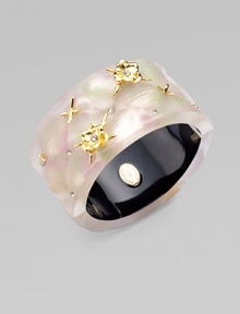 From the Grey Gardens Collection. Beautiful, hand-crafted lucite accented with Swarovski crystals and goldtone flowers in a quilted pattern. Hand-crafted luciteGoldtoneSwarovski crystalsDiameter, about 2½Hinged, magnetic closureMade in USA From the Grey Gardens Collection. Beautiful, hand-crafted lucite accented with Swarovski crystals and goldtone flowers in a quilted pattern. Hand-crafted luciteGoldtoneSwarovski crystalsDiameter, about 2½Hinged, magnetic closureMade in USA