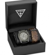 Change your look on the go with this interchangeable leather watch set from GUESS.