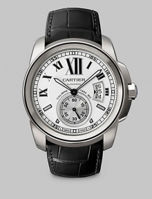 Classically elegant, this enduring timepiece of sturdy yet refined stainless steel boasts large Roman numerals and an exotic alligator strap.Workshop-crafted mechanical movement with automatic winding Water resistant to 100 feet Stainless steel case, 42mm, (1.6) White opaline dial Calendar aperture at 3 o'clock Second counter at 6 o'clock Roman numeral markers Stainless steel hands Alligator strap Made in Switzerland