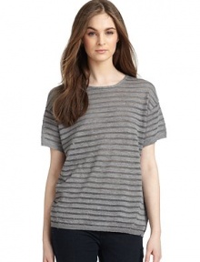 THE LOOKShort sleevesBanded, ribbed cuffs and hemSubtly metallic striped pattern throughoutTHE FITAbout 24½ from shoulder to hemTHE MATERIAL65% polyester/35% cottonCARE & ORIGINDry cleanImportedModel shown is 5'8½ (174cm) wearing US size Small. 