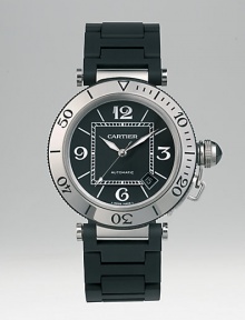 Pasha® features a stainless steel 40.5mm case with rubber-covered stainless steel bracelet. Automatic movement Water-resistant to 330 feet Rotating diving bezel Sapphire crystal Steel screw-down crown with ceramic clou de Paris Varnished matte black dial Date display Made in Switzerland Pasha® features a stainless steel 40.5mm case with rubber-covered stainless steel bracelet. Automatic movement Water-resistant to 330 feet Rotating diving bezel Sapphire crystal Steel screw-down crown with ceramic clou de Paris Varnished matte black dial Date display Made in Switzerland
