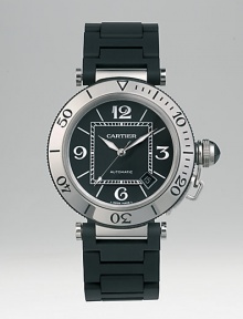 Pasha® features a stainless steel 40.5mm case with rubber-covered stainless steel bracelet. Automatic movement Water-resistant to 330 feet Rotating diving bezel Sapphire crystal Steel screw-down crown with ceramic clou de Paris Varnished matte black dial Date display Made in Switzerland