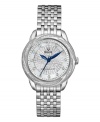 Extravagant simplicity, by Bulova. Watch crafted of stainless steel bracelet and round case. Bezel accented with diamonds in a swirl design. White mother-of-pearl dial with an inner dial of 219 hand-set diamonds (3/4 ct. t.w.). Dial also features diamond accent markers, blue metallic hour and minute hands, continuously sweeping second hand and logo. Quartz movement. Water resistant to 30 meters. Three-year warranty.
