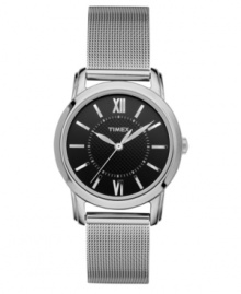 Classics last forever. Watch by Timex crafted of silver tone mixed metal mesh bracelet and round case. Black dial features silver tone Roman numerals at twelve and six o'clock, stick indices, minute track, three hands and logo. Quartz movement. Water resistant to 30 meters. One-year limited warranty. Classics last forever. Watch by Timex crafted of silver tone mixed metal mesh bracelet and round case. Black dial features silver tone Roman numerals at twelve and six o'clock, stick indices, minute track, three hands and logo. Quartz movement. Water resistant to 30 meters. One-year limited warranty.