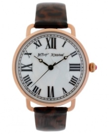 A classically designed watch from Betsey Johnson with a modern touch with a leopard-printed leather strap and rosy case. A classically designed watch from Betsey Johnson with a modern touch with a leopard-printed leather strap and rosy case.