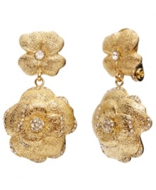 Flower power! You'll make a fashionable impact in these floral double-drop earrings from Monet. Adorned with sparkling crystals as well as glittering glass and cubic zirconia accents, they're made in gold tone mixed metal. Approximate drop: 1-3/4 inches. Flower power! You'll make a fashionable impact in these floral double-drop earrings from Monet. Adorned with sparkling crystals as well as glittering glass and cubic zirconia accents, they're made in gold tone mixed metal. Approximate drop: 1-3/4 inches.