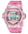 Get in the clear with this sport-ready and translucent watch from Baby-G. Clear pink resin strap and round case. Shock-resistant, digital-display dial with backlight, world time, counter, alarms, countdown, stopwatch, calendar and logo. Quartz movement. Water resistant to 200 meters. One-year limited warranty.