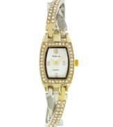 Get twisted up in the chic style of this unique watch by Style&co. Two-tone mixed metal crossover bracelet with crystal accents and rectangular case. Bezel embellished with crystal accents. Mother-of-pearl dial features gold tone numerals at twelve, three, six and nine o'clock, three hands and logo. Quartz movement. Two-year limited warranty.
