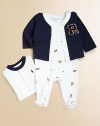 An adorable coordinating set, highlighted by a signature rugby bear print, features a preppy cardigan, tank coverall and Henley bodysuit. Cardigan V-neckLong sleevesButton frontPatch pockets Coverall CrewneckLong sleevesShoulder snapsBottom snaps Bodysuit Ribbed crewneckButton frontRing-snap closureCottonMachine washImported Please note: Number of buttons/snaps may vary depending on size ordered. 