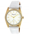 Golden glamour set against crisp, clean white. Watch by Kenneth Cole New York crafted from white croc-embossed leather strap and round gold ion-plated stainless steel case. Bezel embellished with ring of crystal accents. White dial features gold tone stick indices, black minute track, second subdial at six o'clock, luminous gold tone hands, and logo. Quartz movement. Water resistant to 30 meters. Limited lifetime warranty.