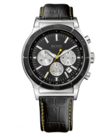 Make your mark. Yellow accents personalize this chronograph by Hugo Boss. Watch crafted of black croc-embossed leather strap with contrast stitching and round stainless steel case. Black turning bezel etched with numerals. Black chronograph dial features applied silver tone stick indices, minute track, tachymeter scale, date window, three silver tone subdials, luminous hour and minute hands, yellow second hand and logo. Quartz movement. Water resistant to 50 meters. Two-year limited warranty. Make your mark. Yellow accents personalize this chronograph by Hugo Boss. Watch crafted of black croc-embossed leather strap with contrast stitching and round stainless steel case. Black turning bezel etched with numerals. Black chronograph dial features applied silver tone stick indices, minute track, tachymeter scale, date window, three silver tone subdials, luminous hour and minute hands, yellow second hand and logo. Quartz movement. Water resistant to 50 meters. Two-year limited warranty.