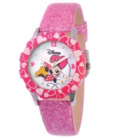 Polka dots and bows! Featuring iconic Disney character, Minnie Mouse, this glittering watch flaunts a glitzy design.