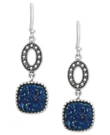 Shapely chic. Genevieve & Grace's drop earrings, set in sterling silver, feature cut-out marcasite ovals suspending squares with blue druzy. Approximate drop: 1 inch. Shapely chic. Genevieve & Grace's drop earrings, set in sterling silver, feature cut-out marcasite ovals suspending squares with blue druzy. Approximate drop: 1 inch.
