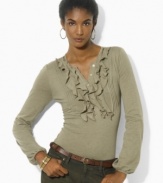 Flirty ruffles and pintucks lend femininity and charm to Lauren Ralph Lauren's cotton-blend petite jersey top.