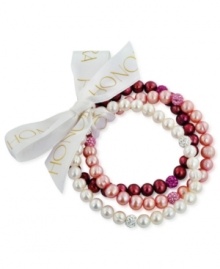 Beauty in bunches. Pink plays a starring role in this set of three cultured freshwater pearl (7-8 mm) stretch bracelets that offer a classic chic feel, with crystals adding luster. Approximate length: 7-1/2 inches. Beauty in bunches. Pink plays a starring role in this set of three cultured freshwater pearl (7-8 mm) stretch bracelets that offer a classic chic feel, with crystals adding luster. Approximate length: 7-1/2 inches.
