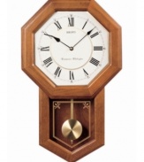 With geometric styling, this charming wall clock from Seiko is the perfect complement for any room. Solid oak case with glass window and brass pendulum. White octagonal dial with logo and roman numeral indices. Westminster/Whittington quarter-hour chime and hourly strikes. Volume control and nighttime silencer. One C battery included. Measures approximately 21-1/4 x 12-3/4 x 3-3/4 inches.