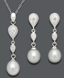 Optimize your evening look. Set in sterling silver, this matching jewelry set features a drop pendant and earrings crafted from cultured freshwater pearls (7-9 mm), diamond accents, and sterling silver. Approximate length: 18 inches. Approximate pendant drop: 1 inch. Approximate earrings drop: 3/4 inch.
