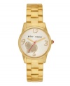 Sweet girls arrive on time! Watch by Betsey Johnson crafted of polished gold tone stainless steel bracelet and round case. White dial features applied gold tone numerals at twelve, three, six and nine o'clock, gold tone crystal-accented heart graphic, gold tone hour and minute hands, signature fuchsia second hand and logo. Quartz movement. Water resistant to 30 meters. Two-year limited warranty.