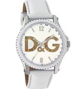 Revealing style. Watch by D&G crafted of white leather strap and round stainless steel case. Silver tone grid-patterned dial features numerals at twelve and six o'clock, stick indices, black minute track, three hands and gold tone logo cutout at center. Quartz movement. Water resistant to 50 meters. Two-year limited warranty.