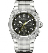 Make your mark. Dramatic styling wins on this Bulova Accutron watch from the Corvara collection. Stainless steel bracelet and round case with curved sapphire crystal. Textured black chronograph dial features silver tone stick indices, yellow tachymeter scale, date window at four o'clock, three subdials, luminous hour and minute hands, yellow second hand and logo. Swiss quartz movement. Water resistant to 100 meters. Five-year limited warranty.
