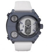 Bold, brave and in search of adventure? Take this watch by Diesel along with you. White silicone strap and square blue ion-plated stainless steel case. Largest of three gray dials features blue numerals, date window and two chronograph subdials and two additional smaller dials feature stick indices. Quartz movement. Water resistant to 100 meters. Two-year limited warranty.