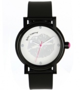 Pucker up. Betsey Johnson sealed this cheeky watch with a kiss. Black polyurethane strap and round polycarbonate case. White dial features large silver tone lip graphic, silver tone dot markers at twelve, three, six and nine o'clock, white hour and minute hands, signature fuchsia second hand and logo. Quartz movement. Water resistant to 30 meters. Two-year limited warranty.