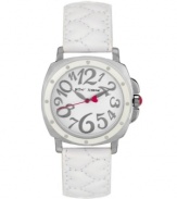 Hugs and kisses from Betsey! Sweet watch by Betsey Johnson crafted of white leather strap with heart-shaped quilting and square stainless steel case with white bezel. White dial features whimsical silver tone numerals, silver tone hour and minute hands, fuchsia heart-accented second hand and logo. Quartz movement. Water resistant to 30 meters. Two-year limited warranty.