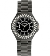 Style&co. lights up the dark with this lovely watch. Hematite tone mixed metal bracelet and round case. Bezel embellished with crystal accents. Glossy black dial features applied silver tone numerals, minute track, three hands and logo. Quartz movement. Splash resistant. Two-year limited warranty.