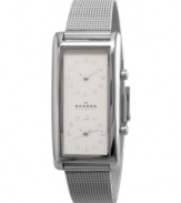 For the modern jetsetter, this sophisticated Skagen Denmark watch offers two time zone reads with an elegant design. Silvertone stainless steel mesh bracelet. Rectangular stainless steel case. Rectangular white dial with dual clocks, Swarovski crystal accents and logo. Quartz movement. Water resistant to 30 meters. Limited lifetime warranty.