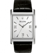 A fine watch with timeless charm, by Bulova. Black croc-embossed leather strap and rectangular stainless steel case. White dial with silvertone stick indices, sweeping second hand, logo, date window and roman numerals at three o'clock and nine o'clock. Quartz movement. Water resistant to 30 meters. Three-year limited warranty.