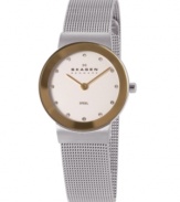 Classic Skagen Denmark style with subtle shine. This gorgeous bracelet features a stainless steel mesh bracelet and round case. Goldtone bezel. White dial with logo and Swarovski crystal accents at markers. Quartz movement. Water resistant to 30 meters. Limited lifetime warranty.