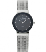 Timeless design with contemporary appeal, by Skagen Denmark. Watch crafted of stainless steel mesh bracelet and round case with mirrored bezel. Black dial features crystal accents at markers, two silver tone hand and logo. Quartz movement. Water resistant to 30 meters. Limited lifetime warranty.