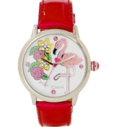 Flamingo wild with Betsey Johnson. Watch crafted of fuchsia leather bracelet and round silver tone mixed metal case. White dial features flamingo graphic with crystal accents, round pink crystal accent markers at twelve, three, six and nine o'clock, hour and minute hands, signature fuchsia second hand and logo. Quartz movement. Water resistant to 30 meters. Two-year limited warranty.