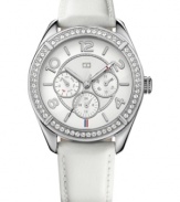 A rich leather watch from Tommy Hilfiger with Swarovski sparkle for added glam.