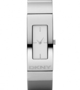 Sleek, urban style by DKNY. This beautiful watch features a stainless steel bracelet and round case. Logo embossed at bezel. White dial with silvertone stick indices. Quartz movement. Water resistant to 50 meters. Two-year limited warranty.