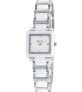 Fresh design by Kenneth Cole New York. Petite watch crafted of white ceramic and stainless steel bracelet and square case with angled bezel. White dial features silver tone pyramid-shaped markers at twelve, three, six and nine o'clock, two hands and logo. Quartz movement. Water resistant to 30 meters. Limited lifetime warranty.