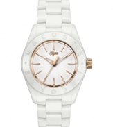 Smooth ceramic adds a crisp look, while rosy accents add warmth, to this Biarritz collection watch from Lacoste.