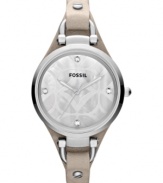 A thin leather strap holds a wintry case on this gorgeous Georgia collection watch by Fossil.