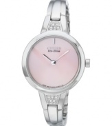 A charming pink dial blends with Swarovski shine on this bangle watch from Citizen. Built with Eco-Drive, harnessing natural and artificial light, never needing a battery.