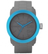 A sport watch with style, by Diesel. Gray faux link texture silicone bracelet and round gray plastic case, 44mm, with blue aluminum bezel. Matte gray dial features stick indices, minute track, large numerals at two, three and four o'clock, logo and three blue hands. Quartz movement. Water resistant to 30 meters. Two-year limited warranty.