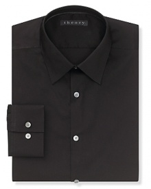 Solid dress shirt with spread collar, two button mitered cuffs. Modern fit through the body. Solid dress shirt with spread collar, two button mitered cuffs. Modern fit through the body.