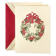 Bursting with berries and the spirit of the season, this hand engraved mistletoe wreath delivers your holiday greetings in style. The card opens to reveal Merry Christmas in red. The matching envelope holds a matte red liner. Bursting with berries and the spirit of the season, this hand engraved mistletoe wreath delivers your holiday greetings in style. The card opens to reveal Merry Christmas in red. The matching envelope holds a matte red liner.
