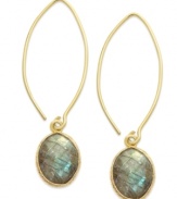 Make a dramatic statement with Studio Silver's drop earrings. The pair, set in 18k gold over sterling silver, sweeps through with a lovely labradorite stone (3-3/8 ct. t.w.) at the end for a beautiful touch. Approximate drop: 2 inches.