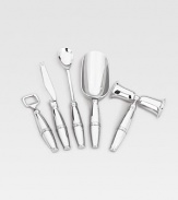 An essential set of handy tools for any home bar in gleaming, nickel-plated metal. Set includes: bar knife (9 long), bar spoon (9¾ long), bottle opener (6 long), ice scoop (8½ long) and double jigger (5¾ long). From the Williamsburg Collection Five-piece set Hand wash Imported 