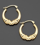 Classic, antiquated style makes these 14k gold hoop earrings one of a kind. Approximate diameter: 1/2 inch.