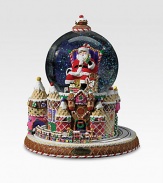 A delightful addition to your holiday decor, this cheerful design shows Santa amidst castles of sweet treats and plays the tune We Wish You A Merry Christmas.Hand-made, hand-paintedGlass and resinAbout 8W X 8H X 4.7 globe diameterMade in Poland