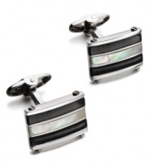 Show your true stripes. Perfect your work look with the addition of these sleek rectangular cuff links. Set in sterling silver with a striped design in Mother of Pearl and X. Approximate length: 3/4 inch. Approximate width: 1/2 inch.